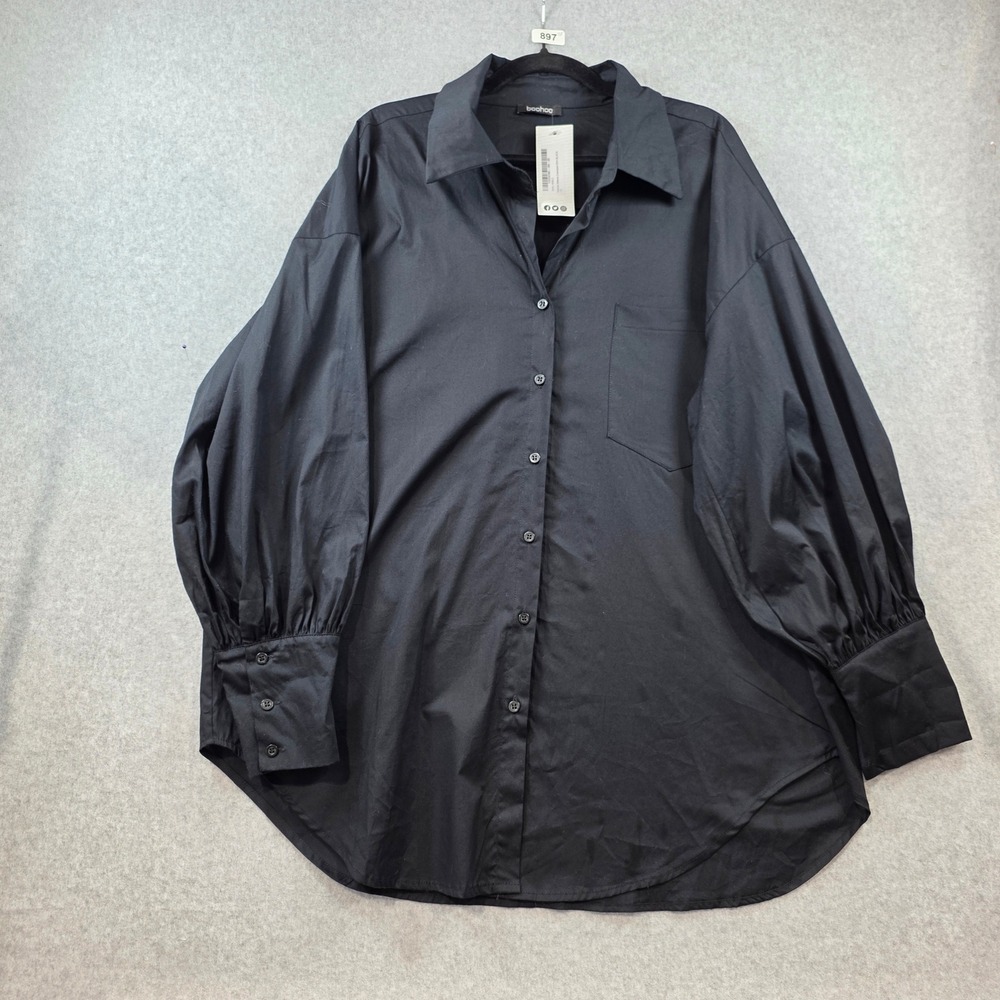 Boohoo Volume Sleeve Oversized Shirt Black Button Down Womens 12